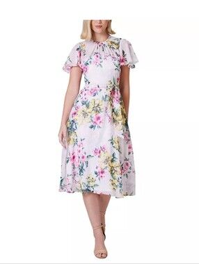 Jessica Howard Floral Midi Dress Size 12 Pink Yellow Flutter Sleeve Belted Chiff